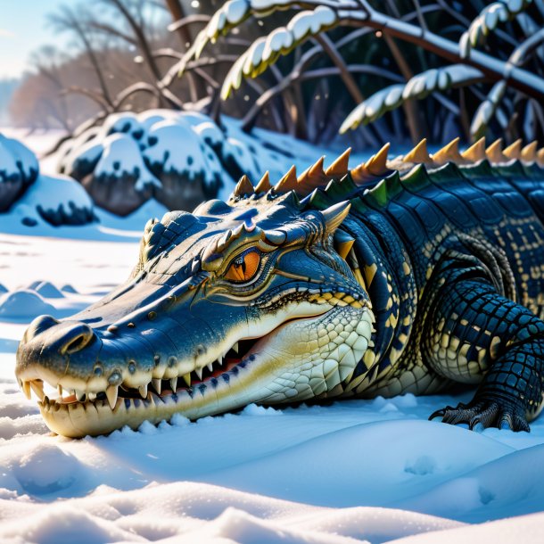 Imagem de um descanso de um crocodilo na neve