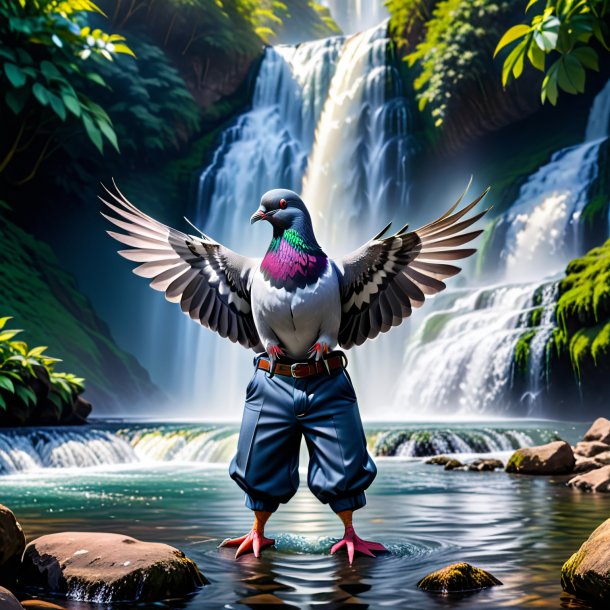 Photo of a pigeon in a trousers in the waterfall