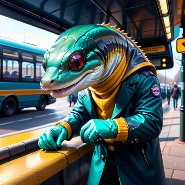 Drawing of a eel in a gloves on the bus stop