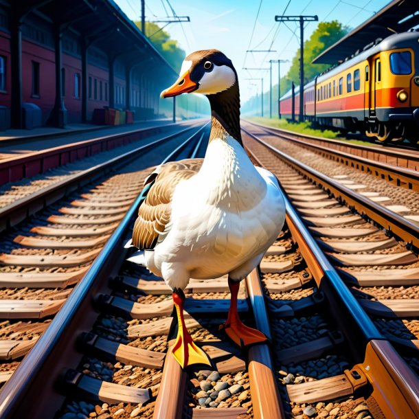 Illustration of a goose in a shoes on the railway tracks