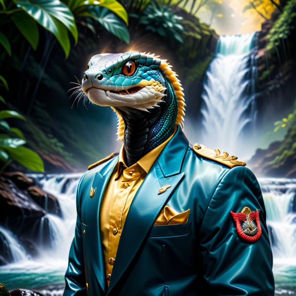 Photo of a cobra in a jacket in the waterfall