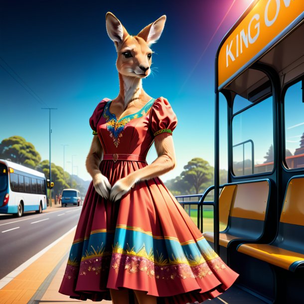 Ilustração de um canguru em um vestido no ponto de ônibus