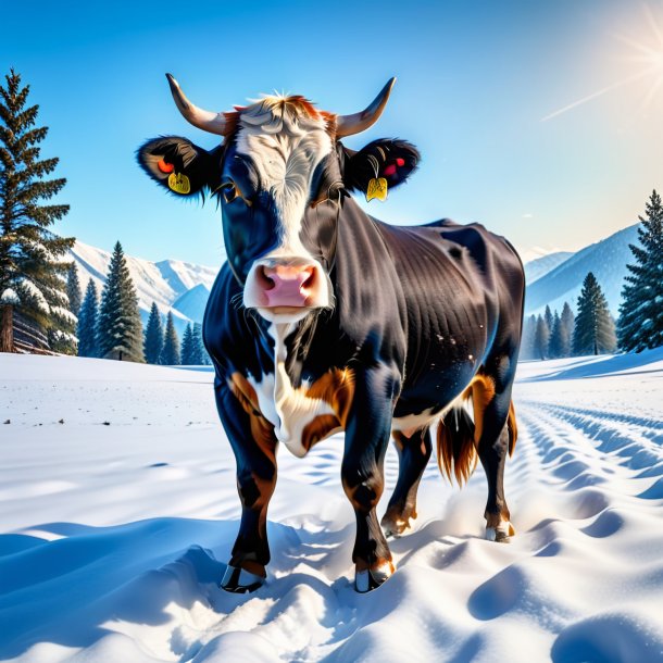 Photo of a cow in a jeans in the snow