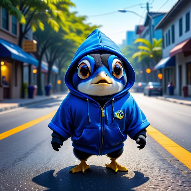 Pic de um tang azul em um hoodie na estrada