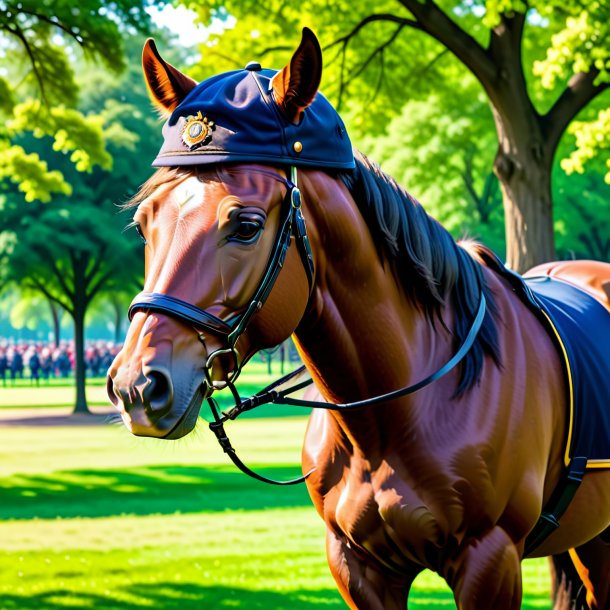 Picture of a horse in a cap in the park