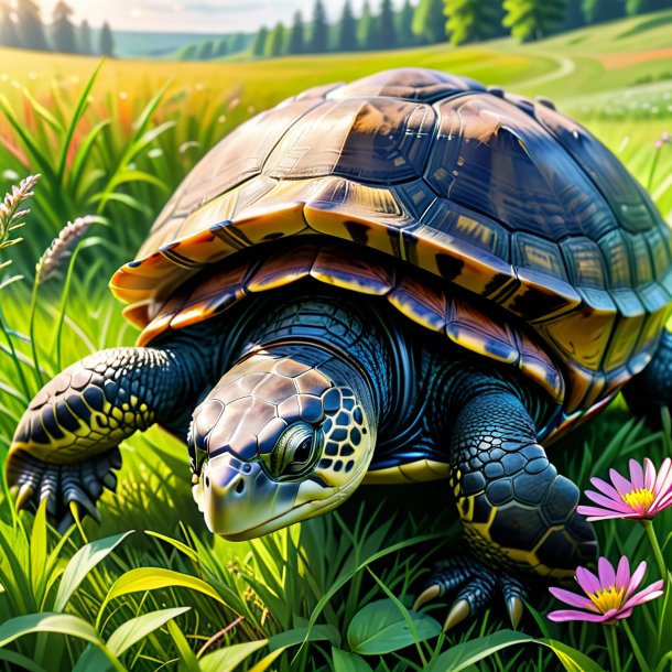 Drawing of a turtle in a belt in the meadow