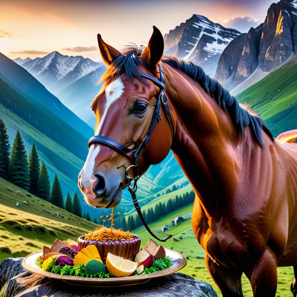 Photo d'un repas d'un cheval dans les montagnes