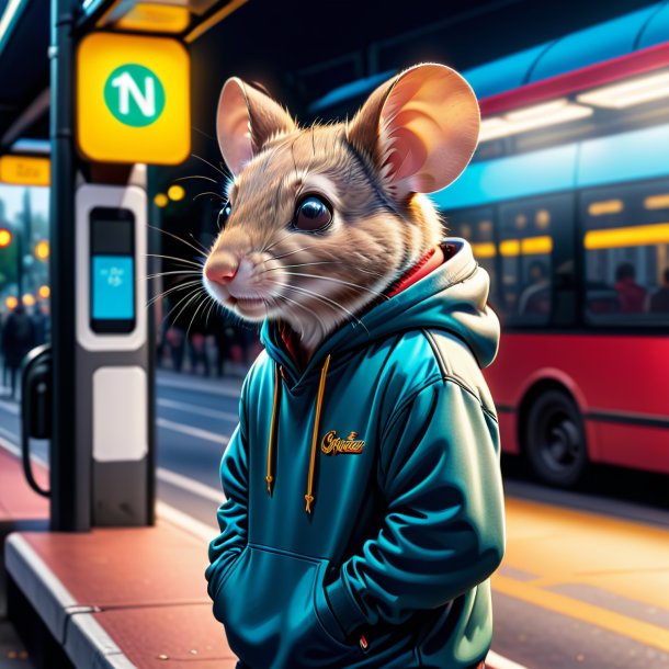 Desenho de um rato em um hoodie na parada de ônibus