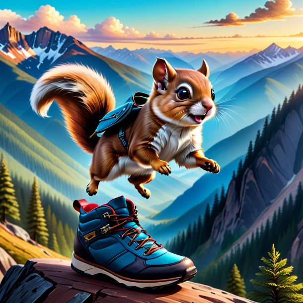 Drawing of a flying squirrel in a shoes in the mountains