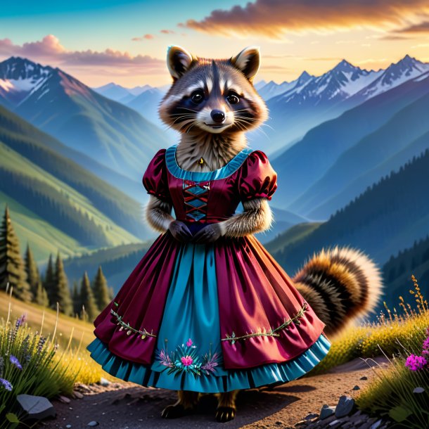 Photo of a raccoon in a dress in the mountains