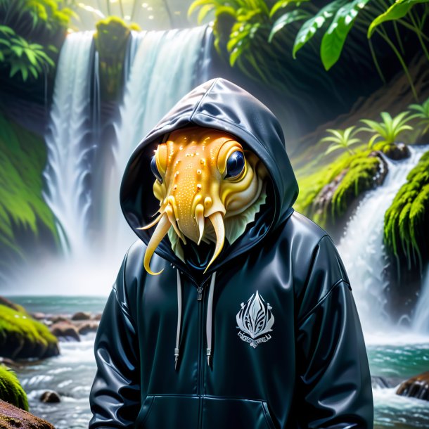 Pic of a cuttlefish in a hoodie in the waterfall