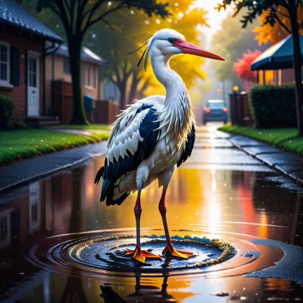 Foto de una cigüeña en un suéter en el charco