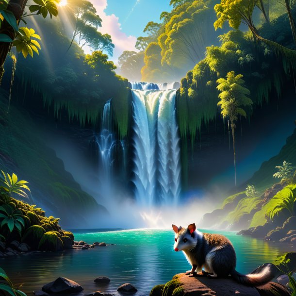 Picture of a waiting of a possum in the waterfall