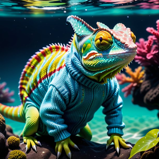 Pic of a chameleon in a sweater in the water