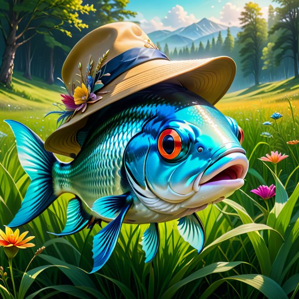 Drawing of a fish in a hat in the meadow