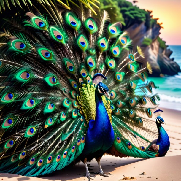 Imagen de una espera de un pavo real en la playa