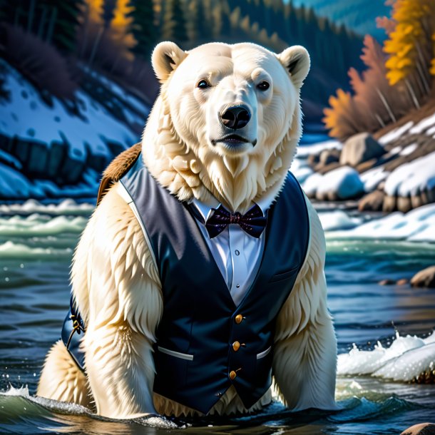 Imagem de um urso polar em um colete no rio