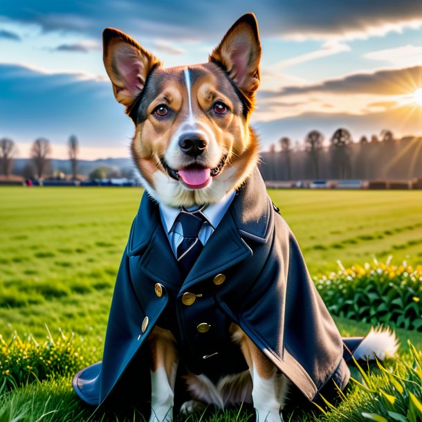 Photo of a dog in a coat on the field