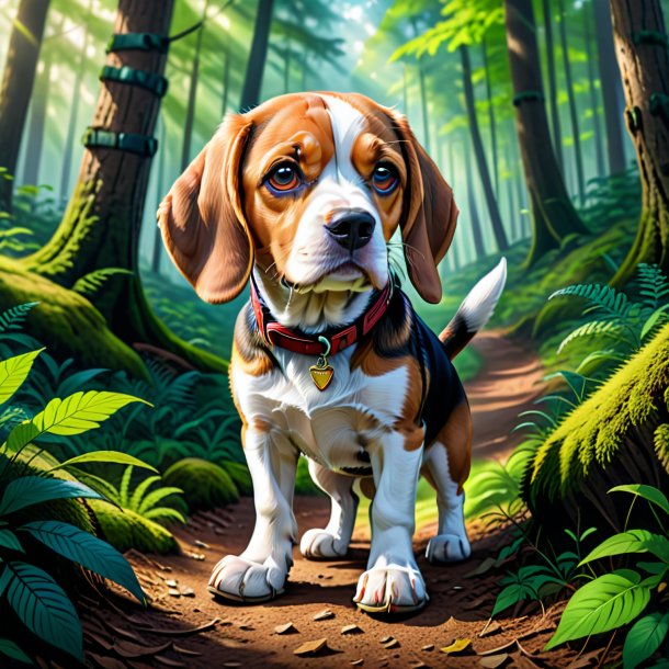 Desenho de um beagle em um sapatos na floresta