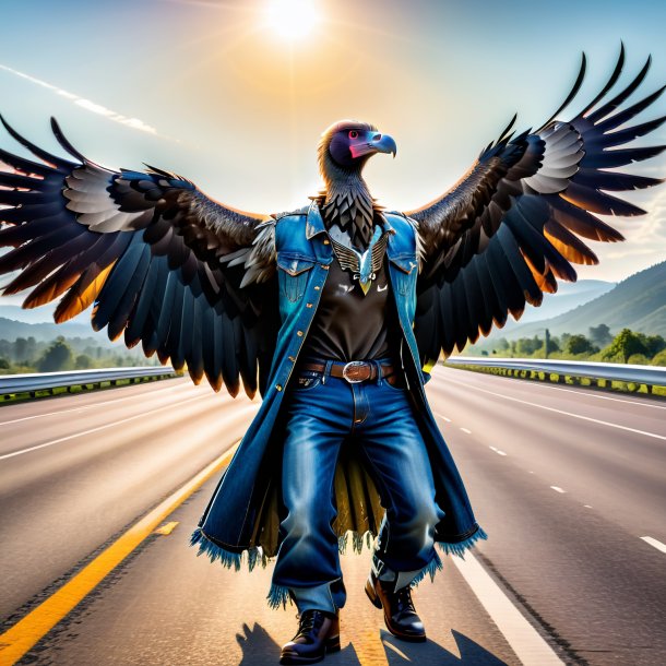 Pic of a vulture in a jeans on the highway