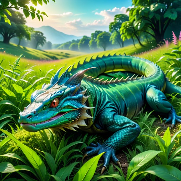 Photo of a sleeping of a basilisk in the meadow