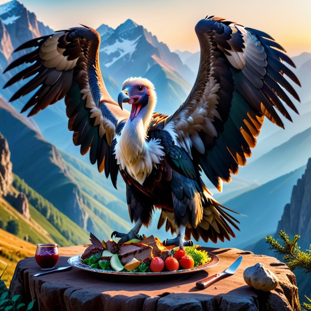 Photo of a eating of a vulture in the mountains