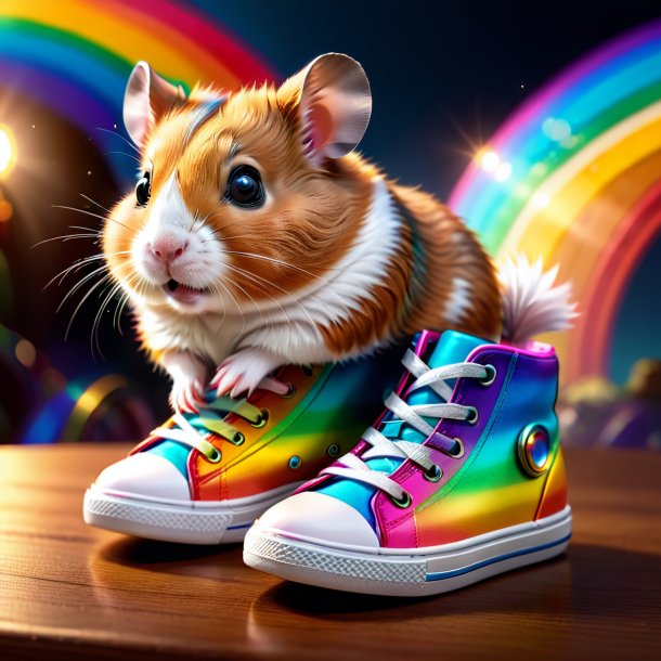 Drawing of a hamster in a shoes on the rainbow