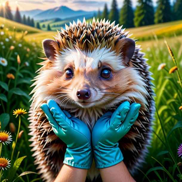 Picture of a hedgehog in a gloves in the meadow