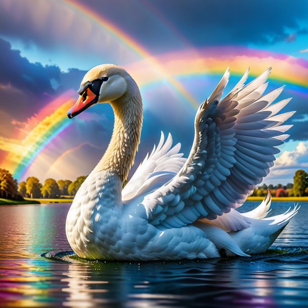 Pic d'un cygne dans une ceinture sur l'arc-en-ciel