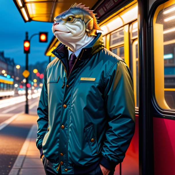 Picture of a haddock in a jacket on the bus stop