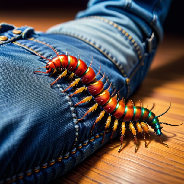 Picture of a centipede in a blue jeans