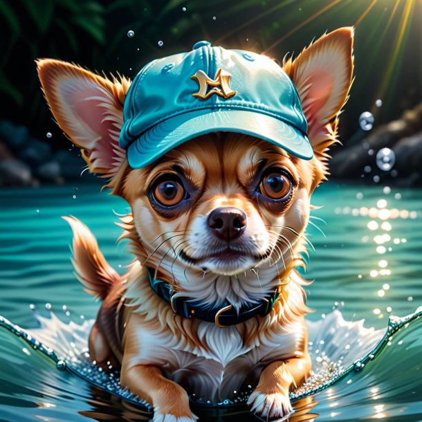 Illustration of a chihuahua in a cap in the water