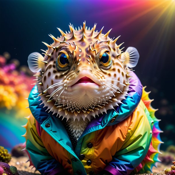 Photo of a pufferfish in a coat on the rainbow