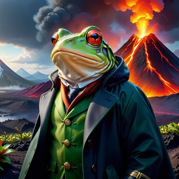 Illustration d'une grenouille dans un manteau dans le volcan