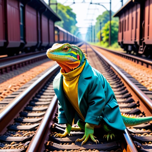 Imagem de um lagarto em um casaco nos trilhos ferroviários