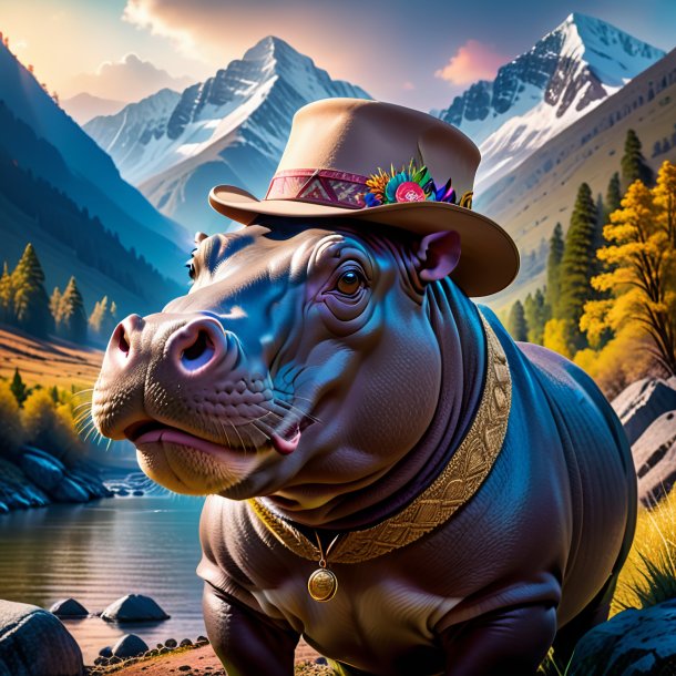 Photo of a hippopotamus in a hat in the mountains