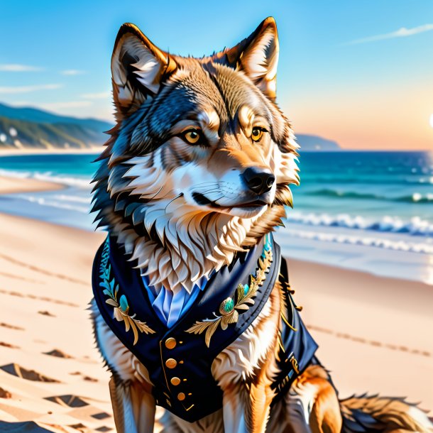 Desenho de um lobo em um colete na praia