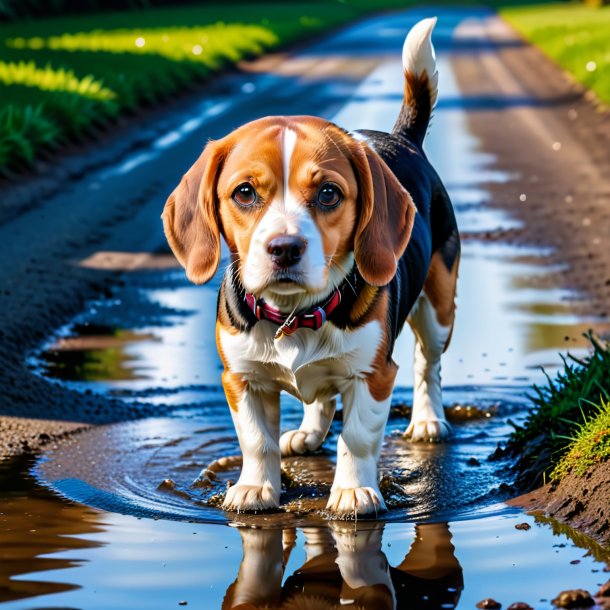 Pic of a swimming of a beagle in the puddle