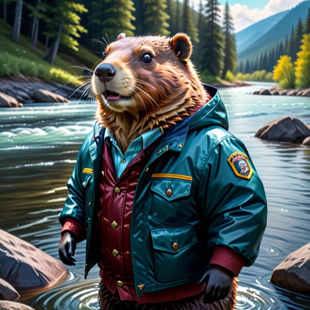 Drawing of a beaver in a jacket in the river