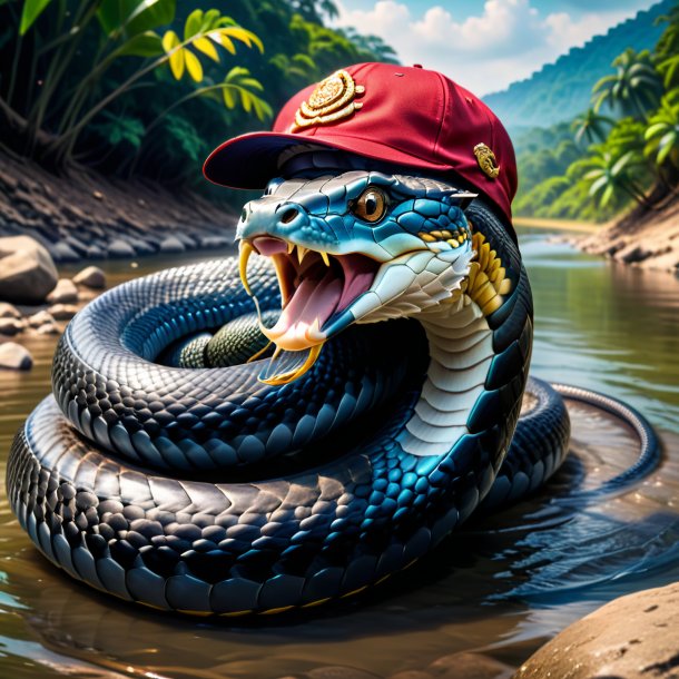 Imagen de una cobra real en un gorro en el río