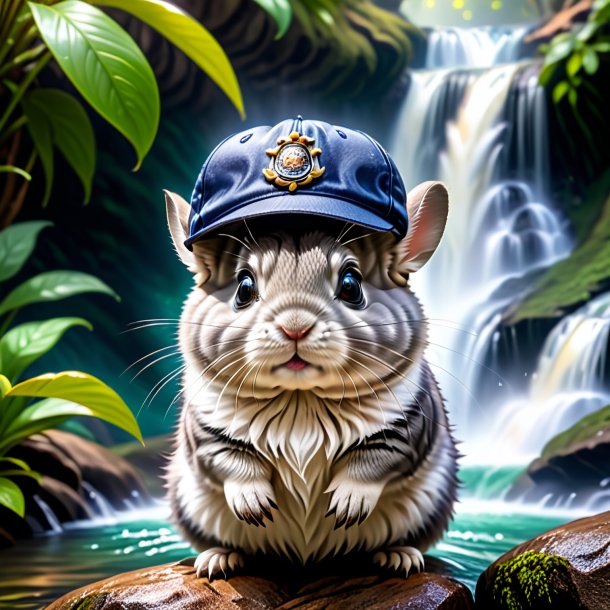 Picture of a chinchillas in a cap in the waterfall