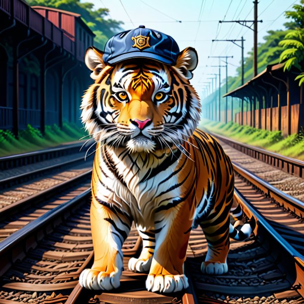 Drawing of a tiger in a cap on the railway tracks