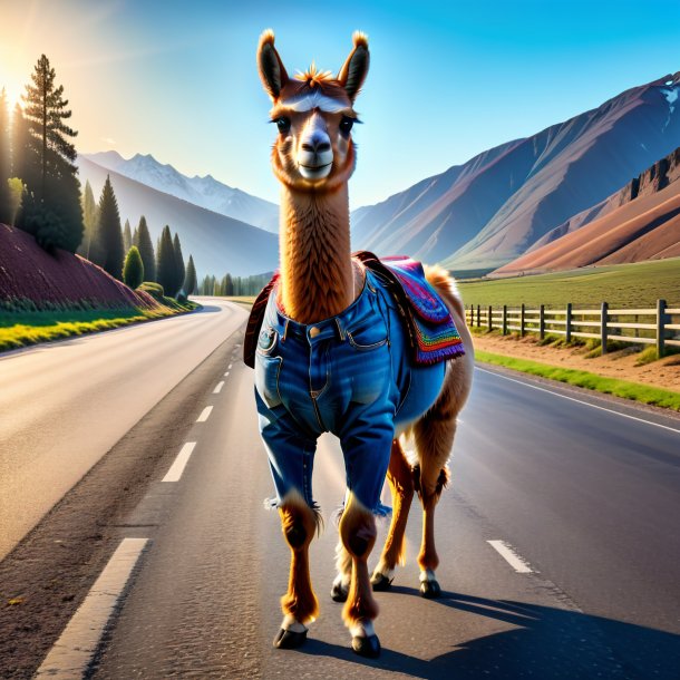 Pic of a llama in a jeans on the road