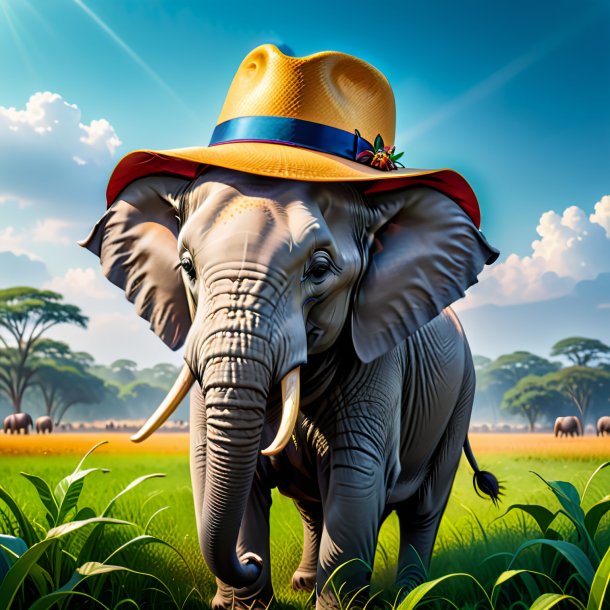 Image of a elephant in a hat on the field