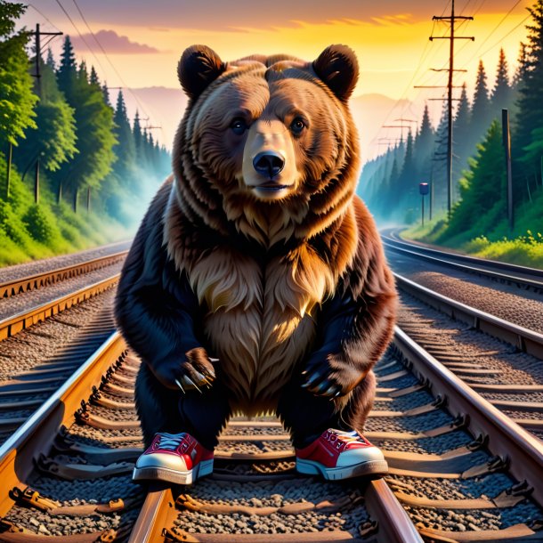 Foto de un oso en los zapatos en las vías del tren