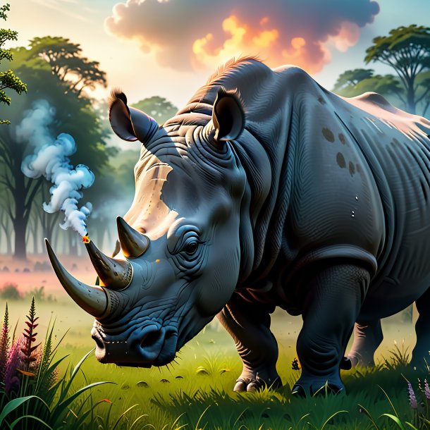 Image of a smoking of a rhinoceros in the meadow