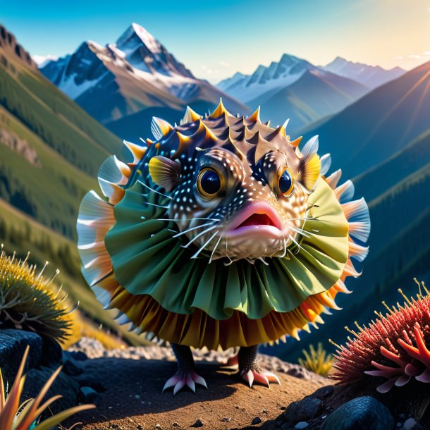 Pic of a pufferfish in a skirt in the mountains