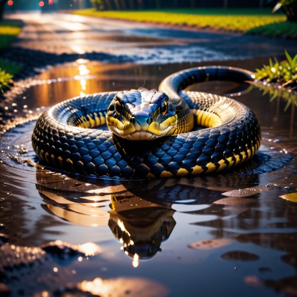 Photo of a king cobra in a coat in the puddle