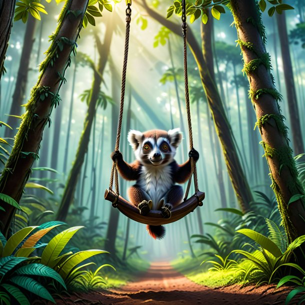 Picture of a swinging on a swing of a lemur in the forest