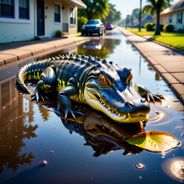 Pic of a alligator in a shoes in the puddle